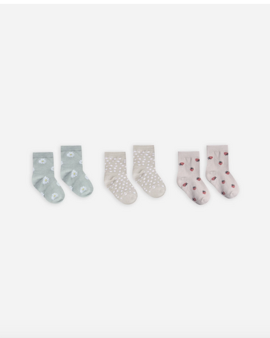 Rylee + Cru - Printed Ankle Sock Set, Daisy + Micro dot + Strawberry (6-9 years)